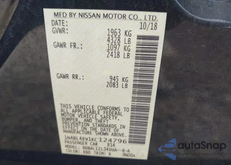 2019 Nissan Altima 2.5 Sl z USA, uszkodzony, nr VIN 1N4BL4EV1KC124796